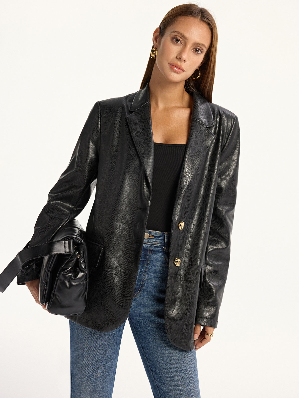 Blazer en Cuir Synthétique Imprimé Serpent - Manches Longues et Style Chic