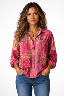 Blouse imprimé bohème femme manches retroussables légère style décontracté vacances