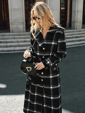 Manteau Trench Long à Carreaux - Chaud et Élégant avec Ceinture