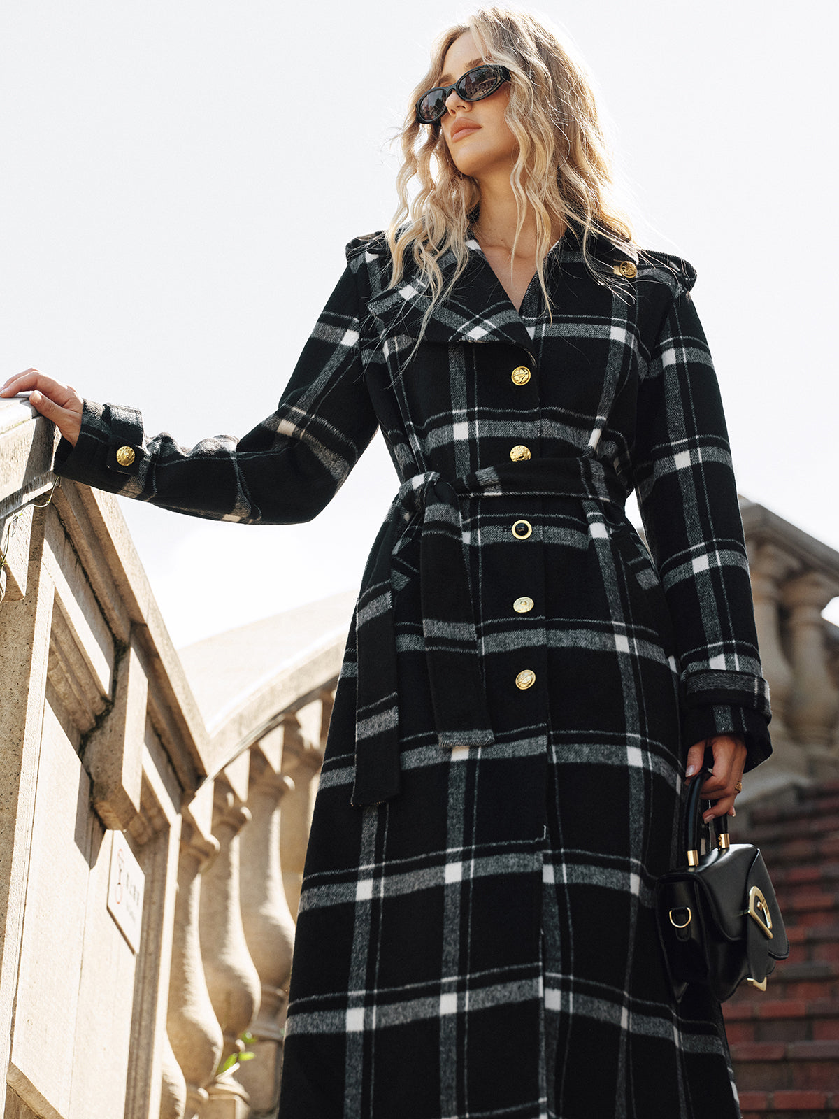 Manteau Trench Long à Carreaux - Chaud et Élégant avec Ceinture