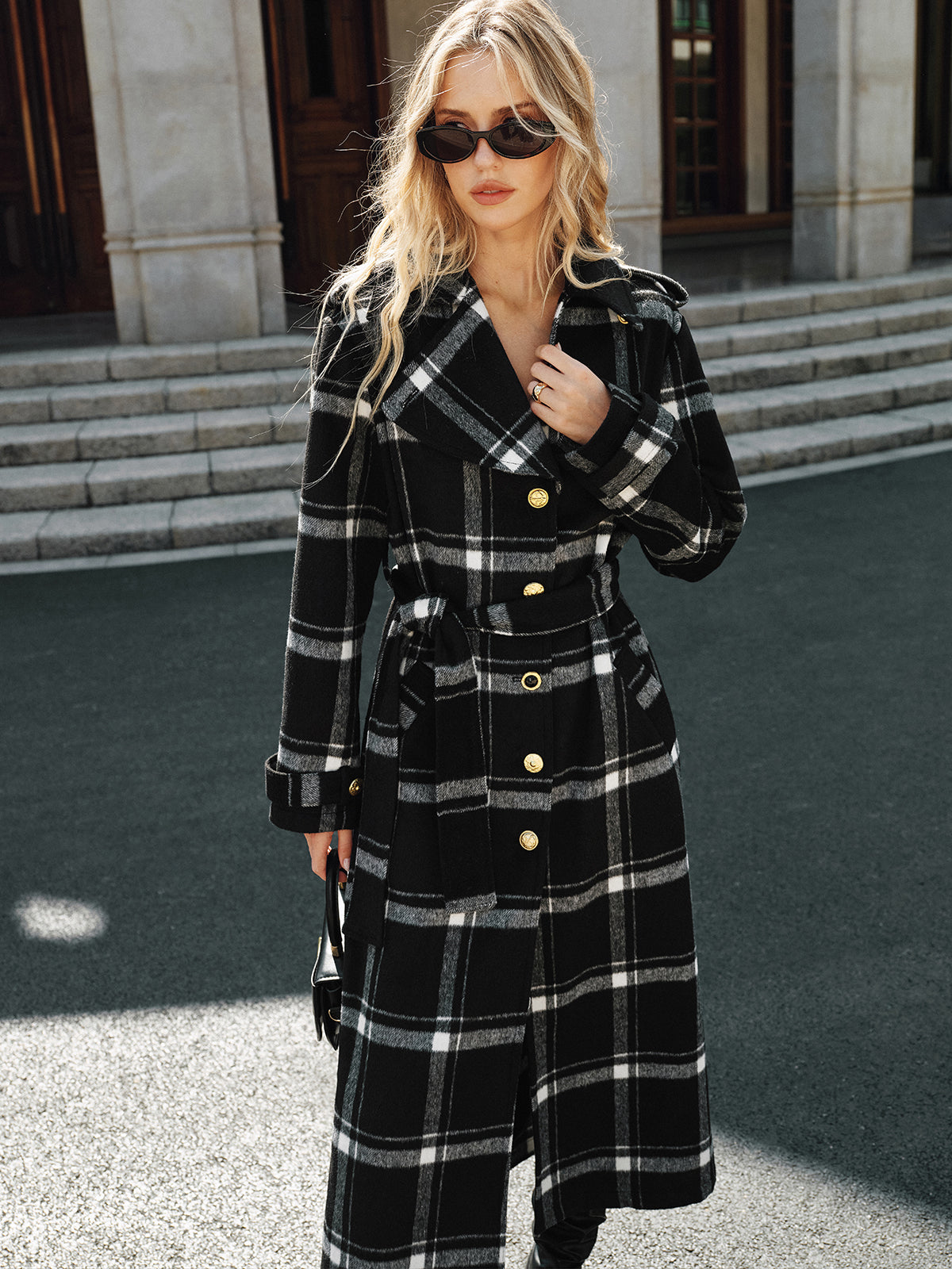 Manteau Trench Long à Carreaux - Chaud et Élégant avec Ceinture
