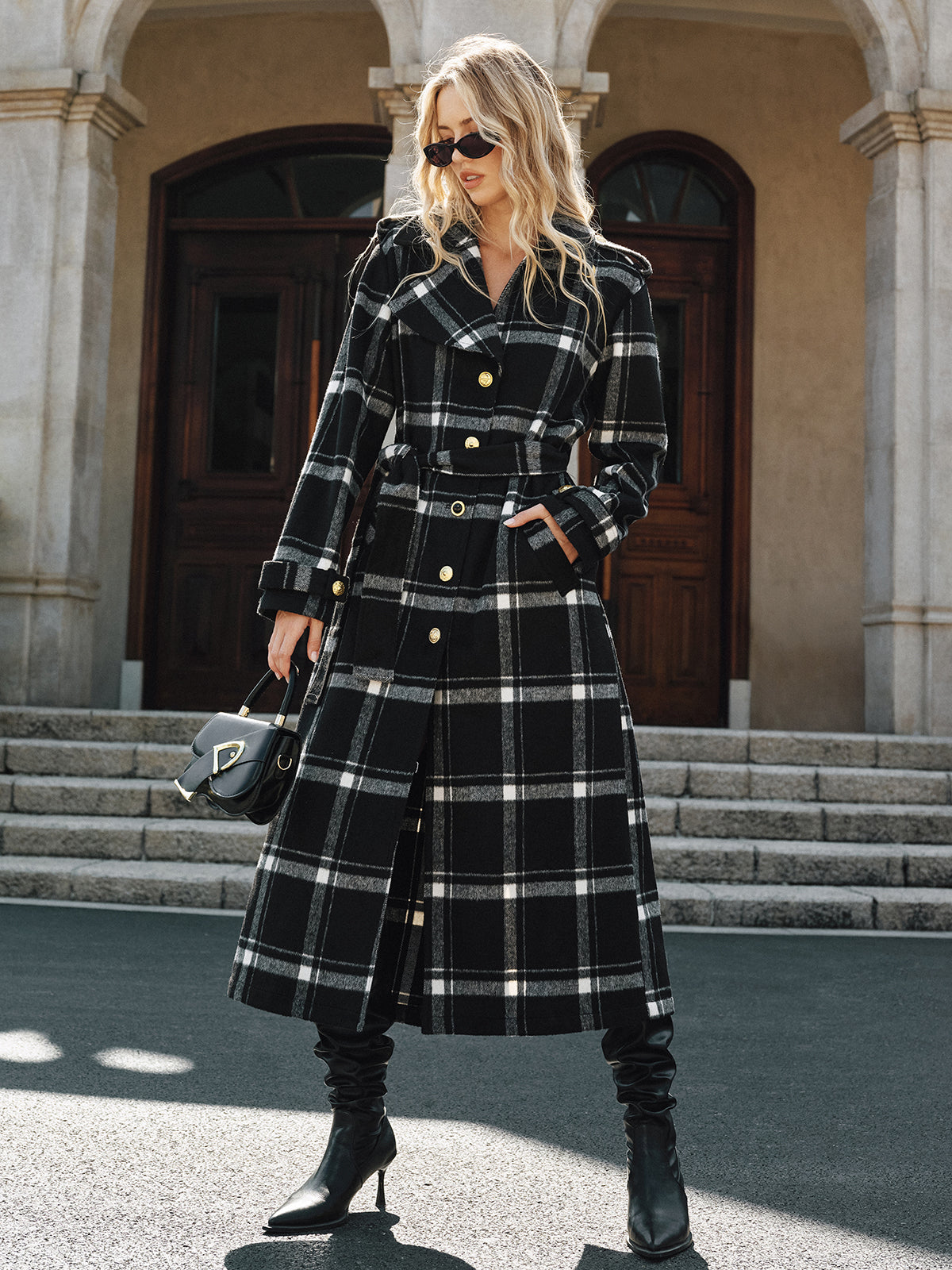 Manteau Trench Long à Carreaux - Chaud et Élégant avec Ceinture