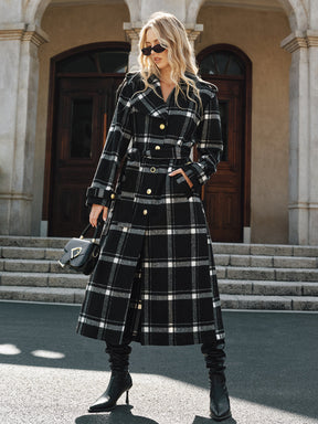 Manteau Trench Long à Carreaux - Chaud et Élégant avec Ceinture