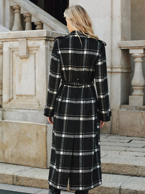 Manteau Trench Long à Carreaux - Chaud et Élégant avec Ceinture