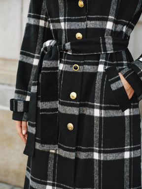 Manteau Trench Long à Carreaux - Chaud et Élégant avec Ceinture