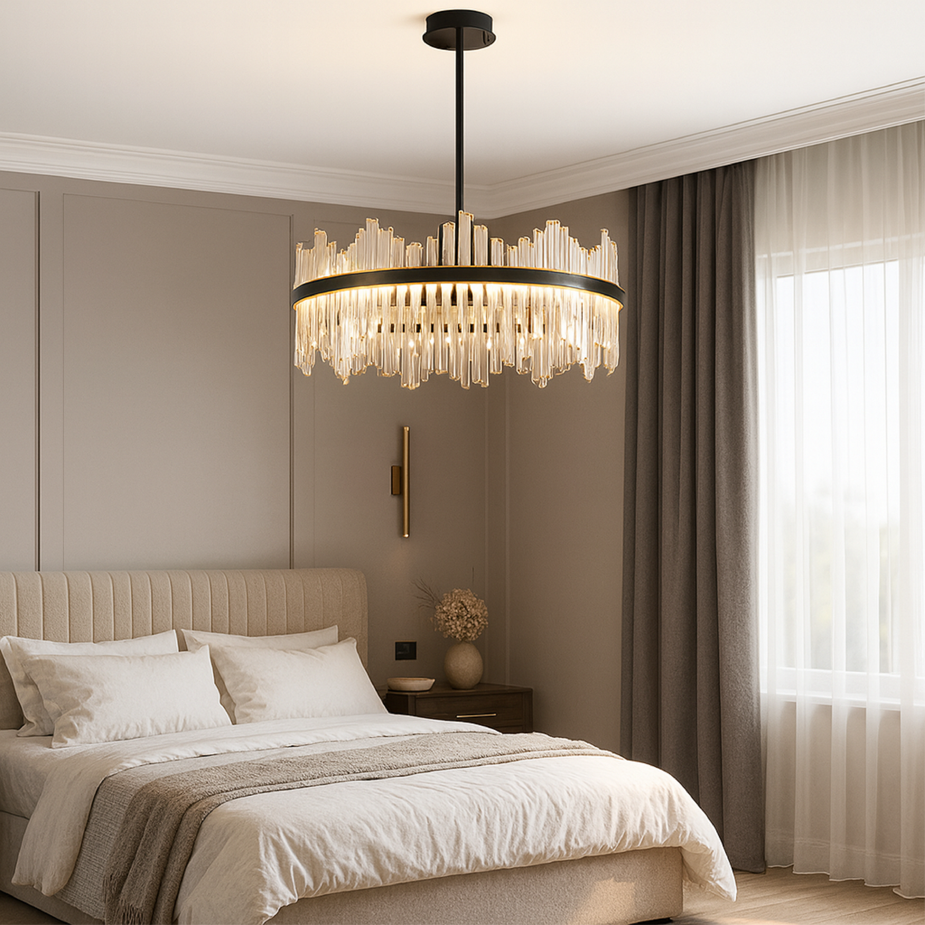 Lustre en Cristal Noir - Élégance Contemporaine et Lumineuse