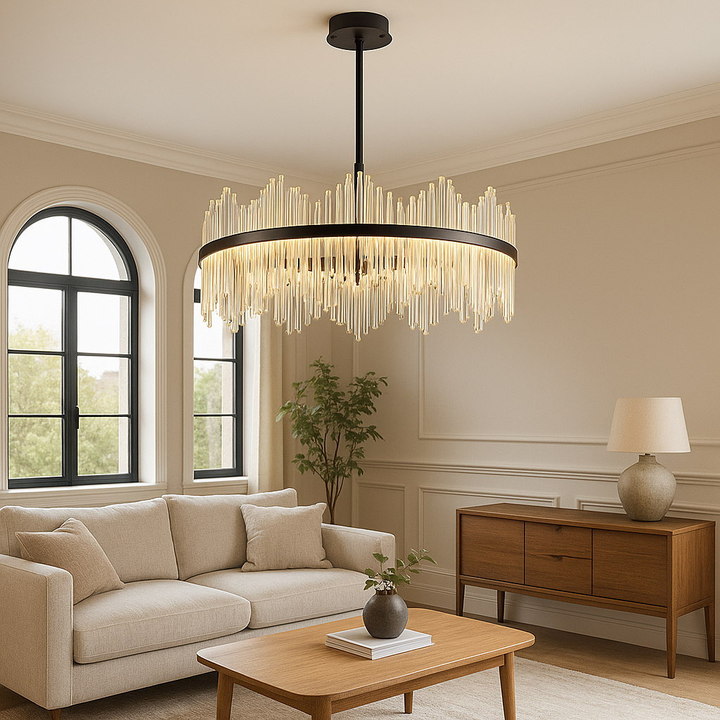 Lustre en Cristal Noir - Élégance Contemporaine et Lumineuse