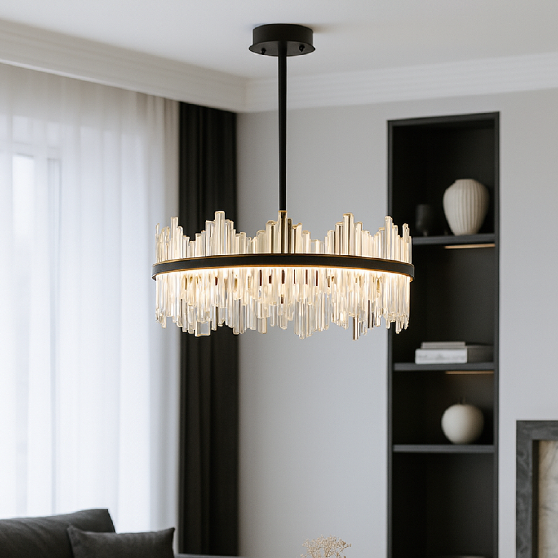 Lustre en Cristal Noir - Élégance Contemporaine et Lumineuse