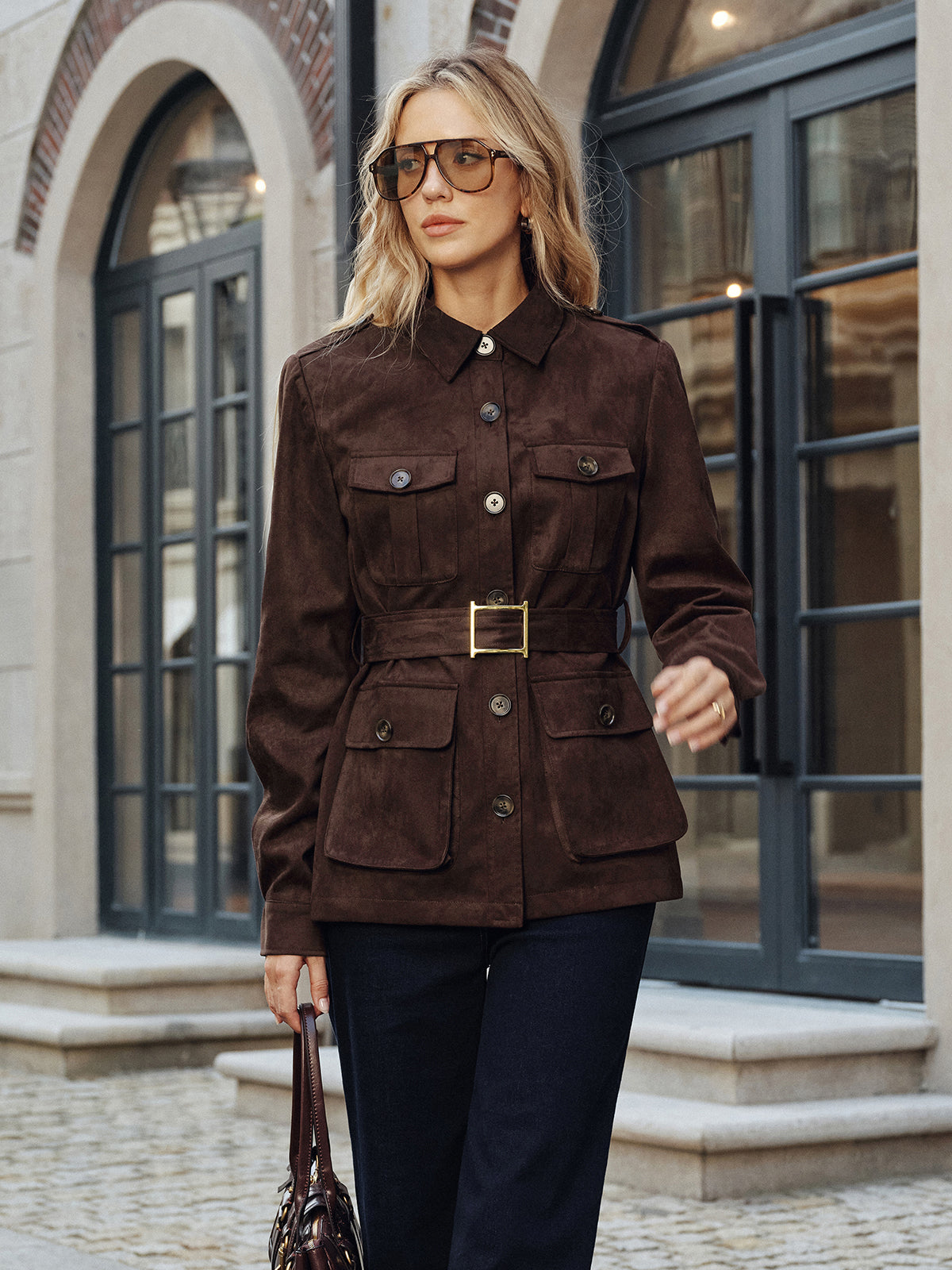 Manteau Trench en Suède - Multi-Poches et Ceinture Ajustable