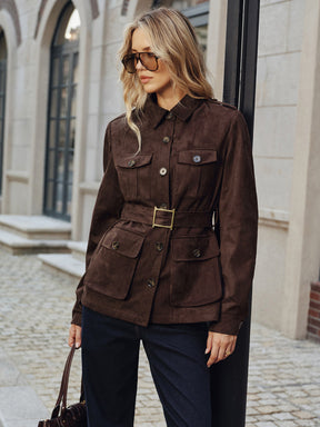Manteau Trench en Suède - Multi-Poches et Ceinture Ajustable
