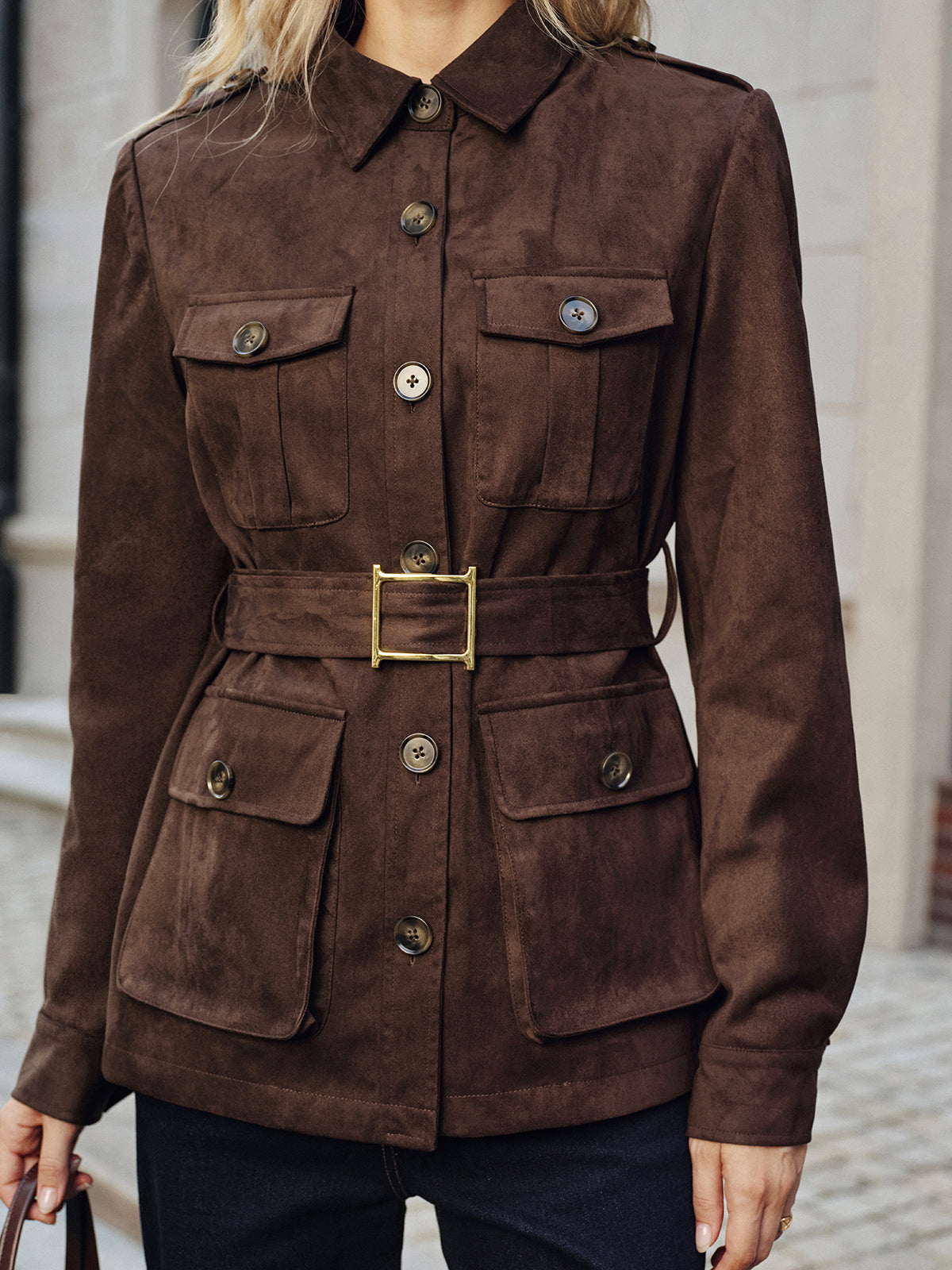 Manteau Trench en Suède - Multi-Poches et Ceinture Ajustable