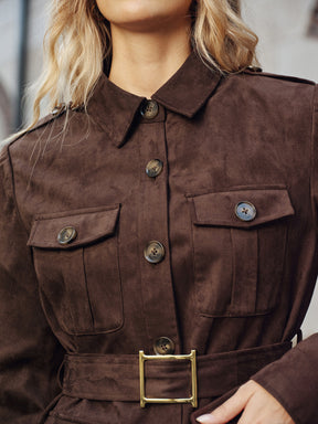 Manteau Trench en Suède - Multi-Poches et Ceinture Ajustable