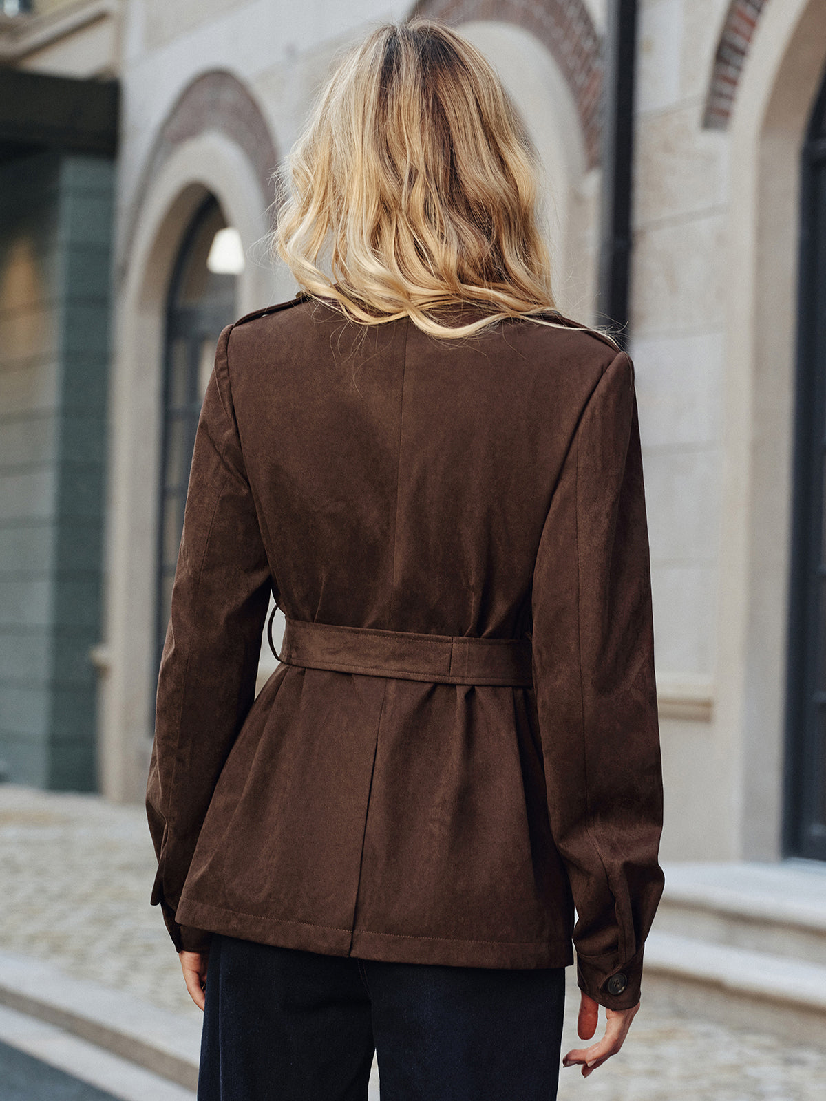 Manteau Trench en Suède - Multi-Poches et Ceinture Ajustable