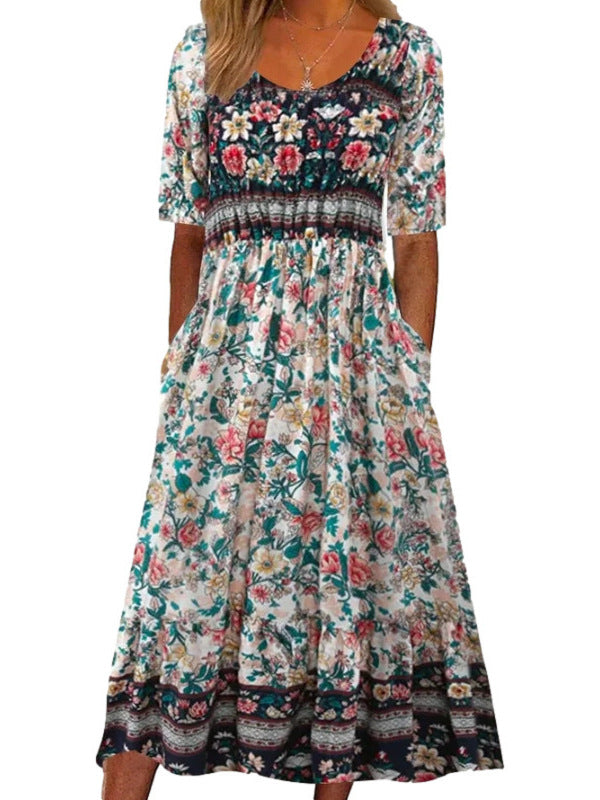Robe Midi Fleurie pour Femmes - Tissu Aéré et Élégance Estivale