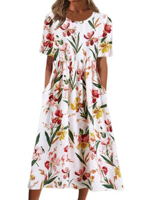 Robe Midi Fleurie pour Femmes - Tissu Aéré et Élégance Estivale