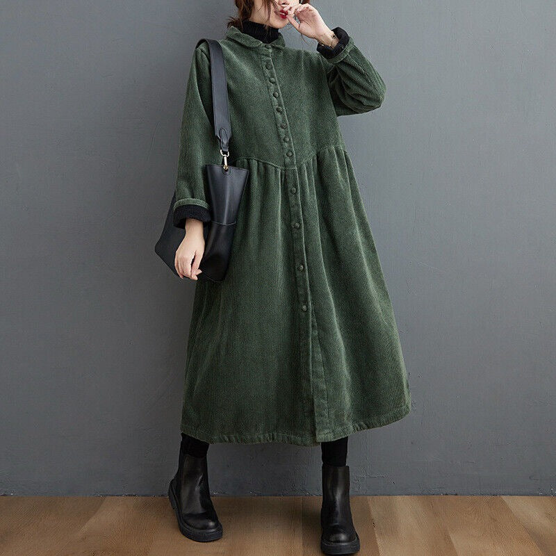 Manteau d'hiver Oversize en Velours Côtelé - Design à Boutons et Longueur Mi-Mollet