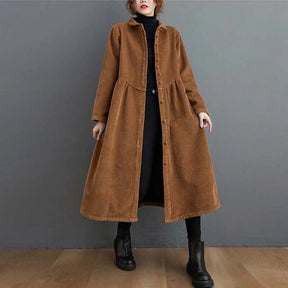 Manteau d'hiver Oversize en Velours Côtelé - Design à Boutons et Longueur Mi-Mollet