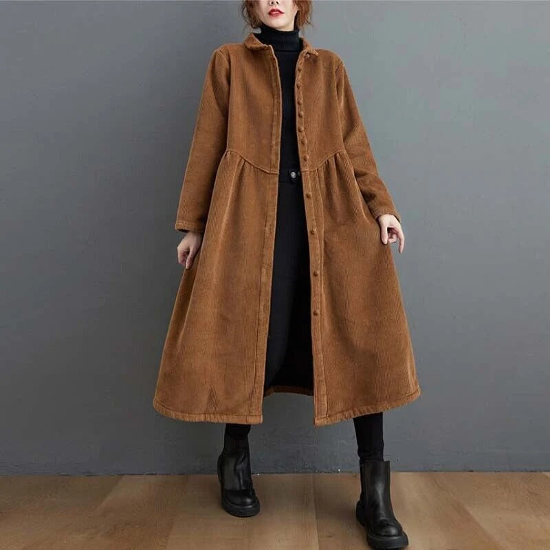 Manteau d'hiver Oversize en Velours Côtelé - Design à Boutons et Longueur Mi-Mollet