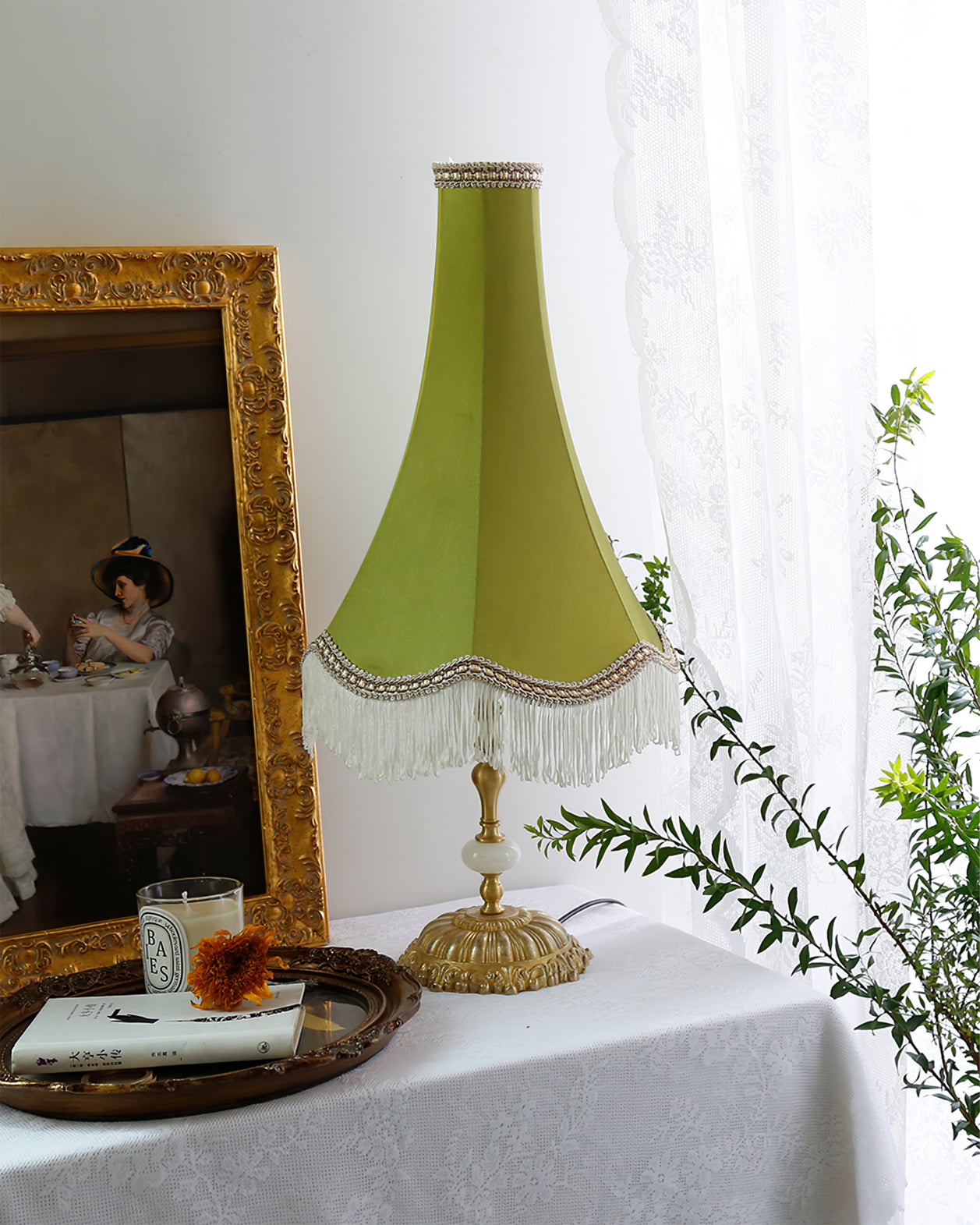 Lampe de Table en Marbre - Élégance et Franges Tissées