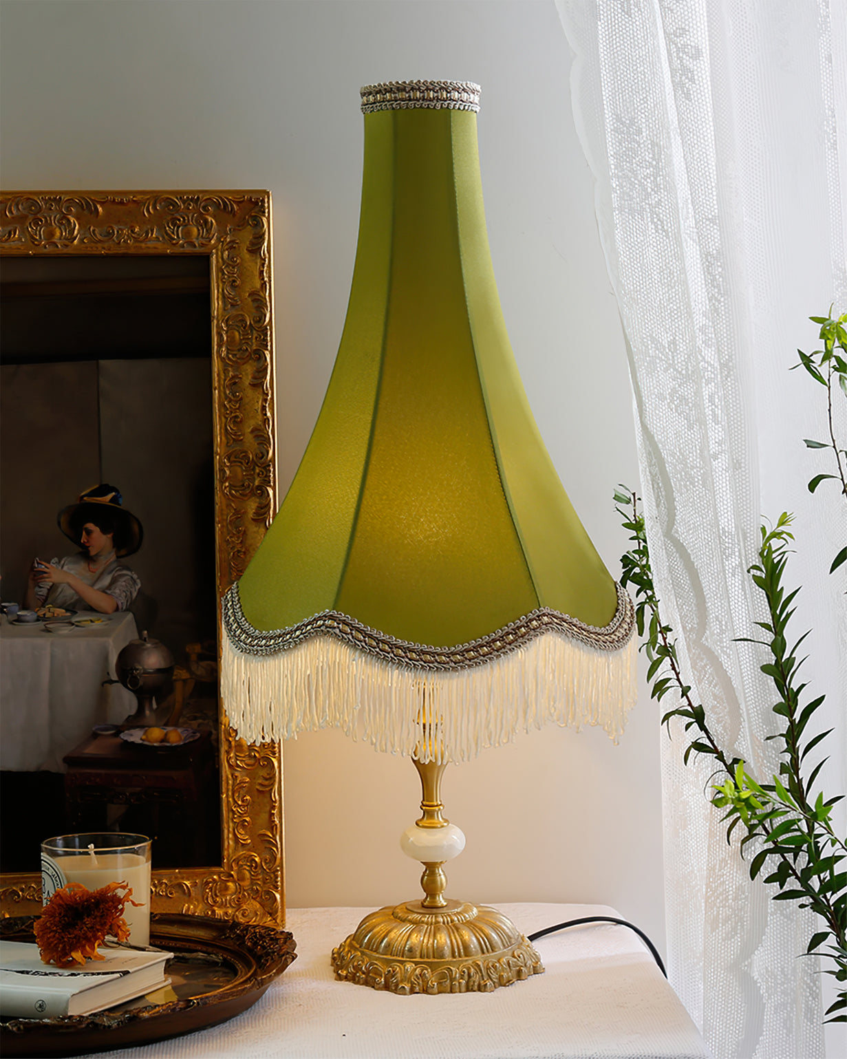 Lampe de Table en Marbre - Élégance et Franges Tissées