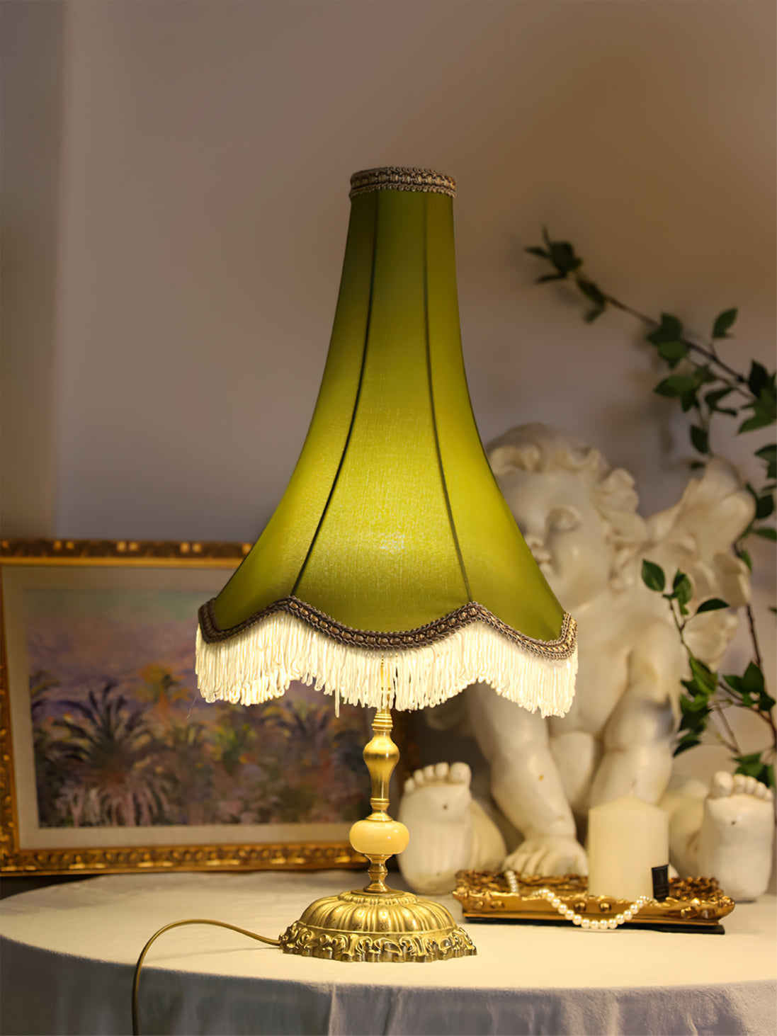 Lampe de Table en Marbre - Élégance et Franges Tissées