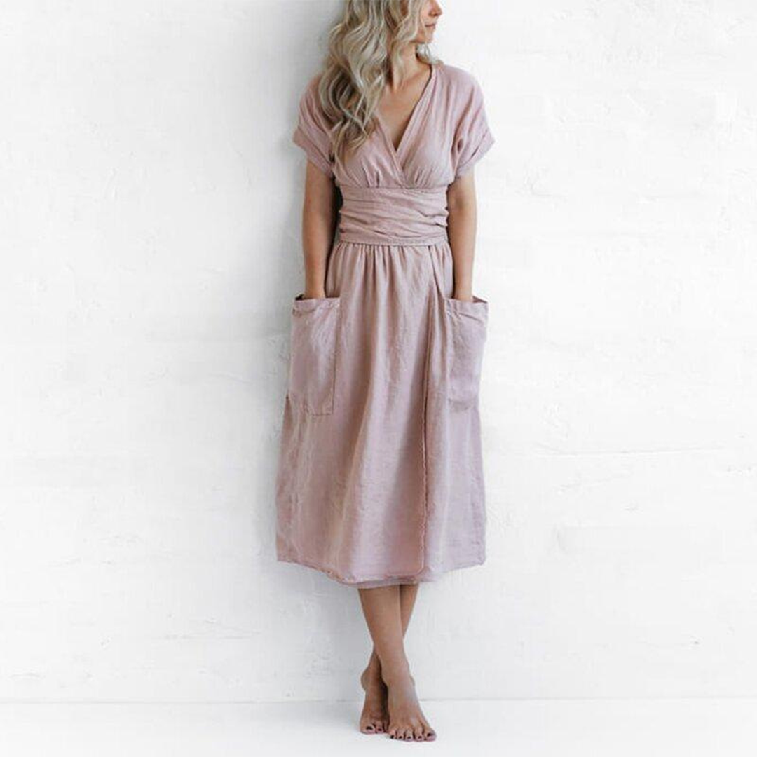 Robe Maxi Décontractée Col V Femme - Élégance et Confort pour l'Été