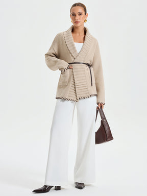Manteau Tricoté Chaud avec Ceinture - Coutures Contrastées et Ajustement Ample