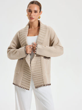 Manteau Tricoté Chaud avec Ceinture - Coutures Contrastées et Ajustement Ample