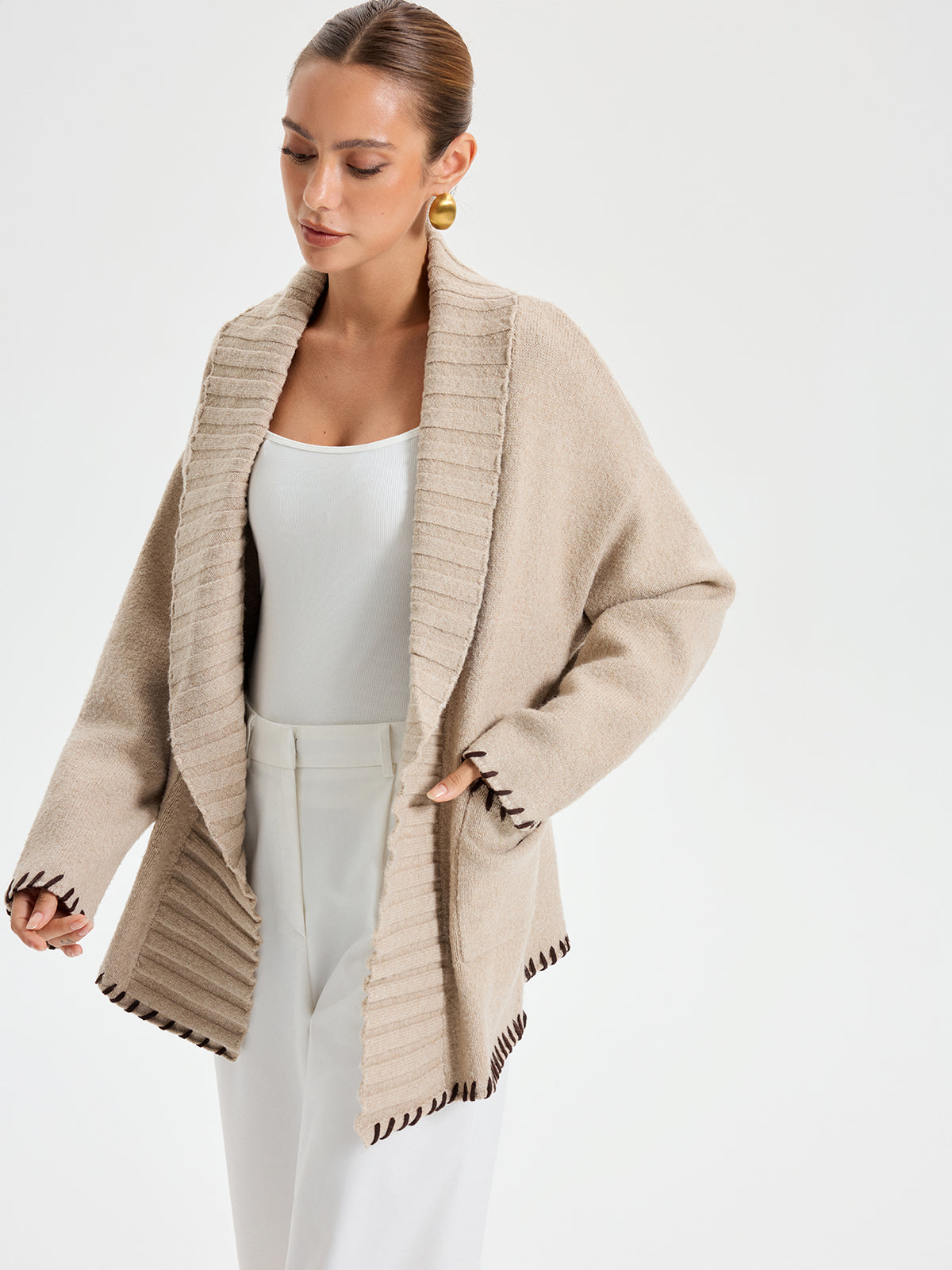 Manteau Tricoté Chaud avec Ceinture - Coutures Contrastées et Ajustement Ample