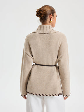 Manteau Tricoté Chaud avec Ceinture - Coutures Contrastées et Ajustement Ample