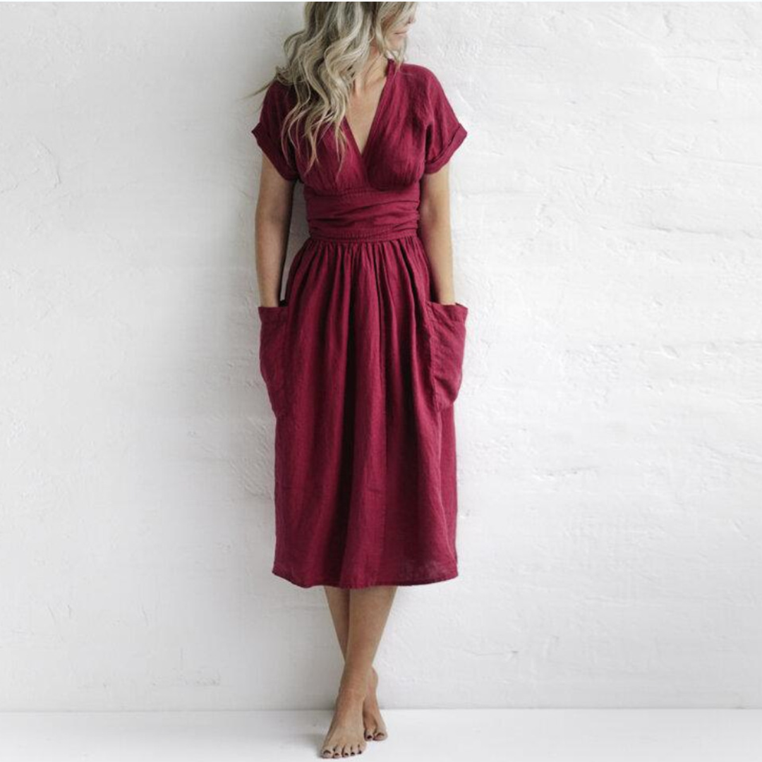Robe Maxi Décontractée Col V Femme - Élégance et Confort pour l'Été