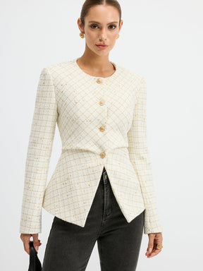 Blazer Cintré en Tweed Élégant - Ajustement Régulier et Manches Longues