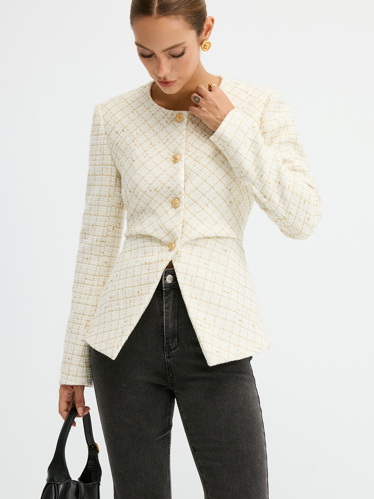 Blazer Cintré en Tweed Élégant - Ajustement Régulier et Manches Longues
