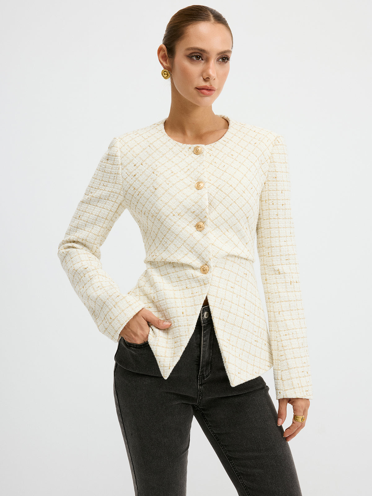 Blazer Cintré en Tweed Élégant - Ajustement Régulier et Manches Longues