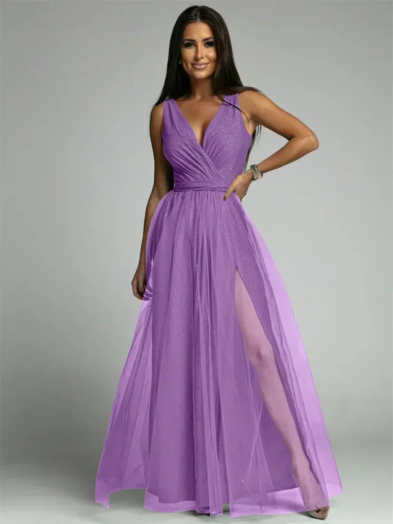 Robe Maxi Élégante avec Panneau en Maille - Confort et Glamour pour Toutes Occasions