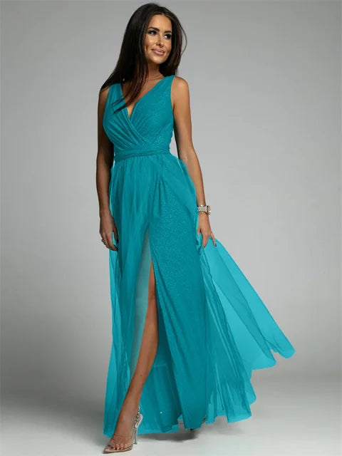 Robe Maxi Élégante avec Panneau en Maille - Confort et Glamour pour Toutes Occasions