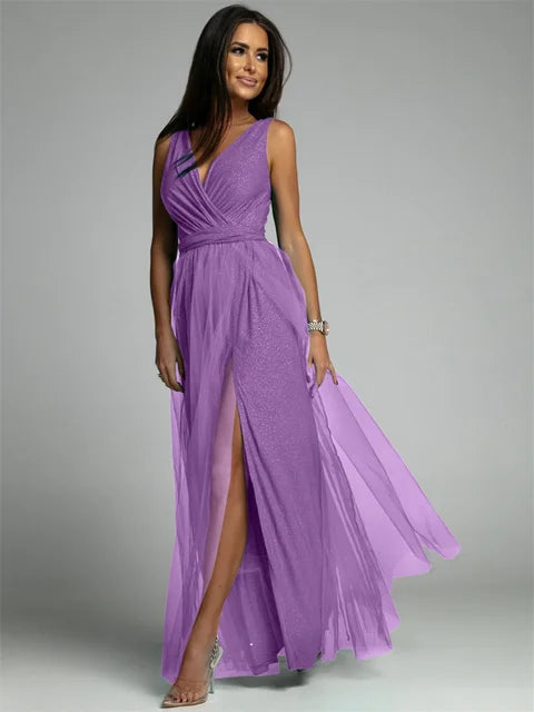 Robe Maxi Élégante avec Panneau en Maille - Confort et Glamour pour Toutes Occasions