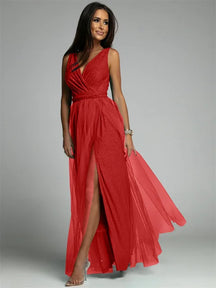 Robe Maxi Élégante avec Panneau en Maille - Confort et Glamour pour Toutes Occasions