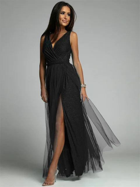 Robe Maxi Élégante avec Panneau en Maille - Confort et Glamour pour Toutes Occasions