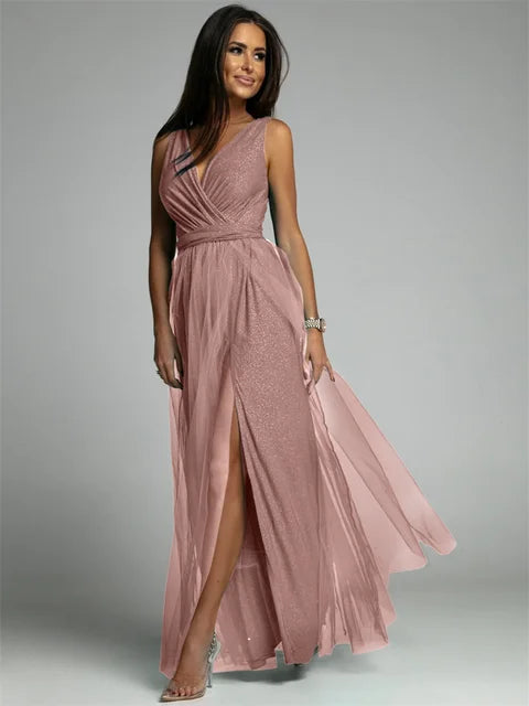 Robe Maxi Élégante avec Panneau en Maille - Confort et Glamour pour Toutes Occasions