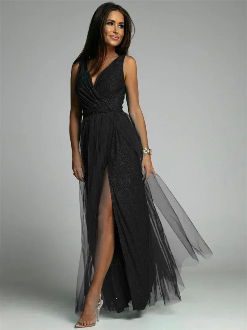 Robe Maxi Élégante avec Panneau en Maille - Confort et Glamour pour Toutes Occasions
