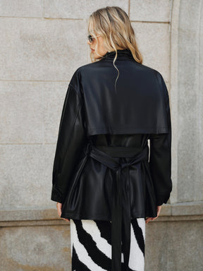 Veste en Cuir Synthétique pour Femme - Col Montant et Ceinture Pratique