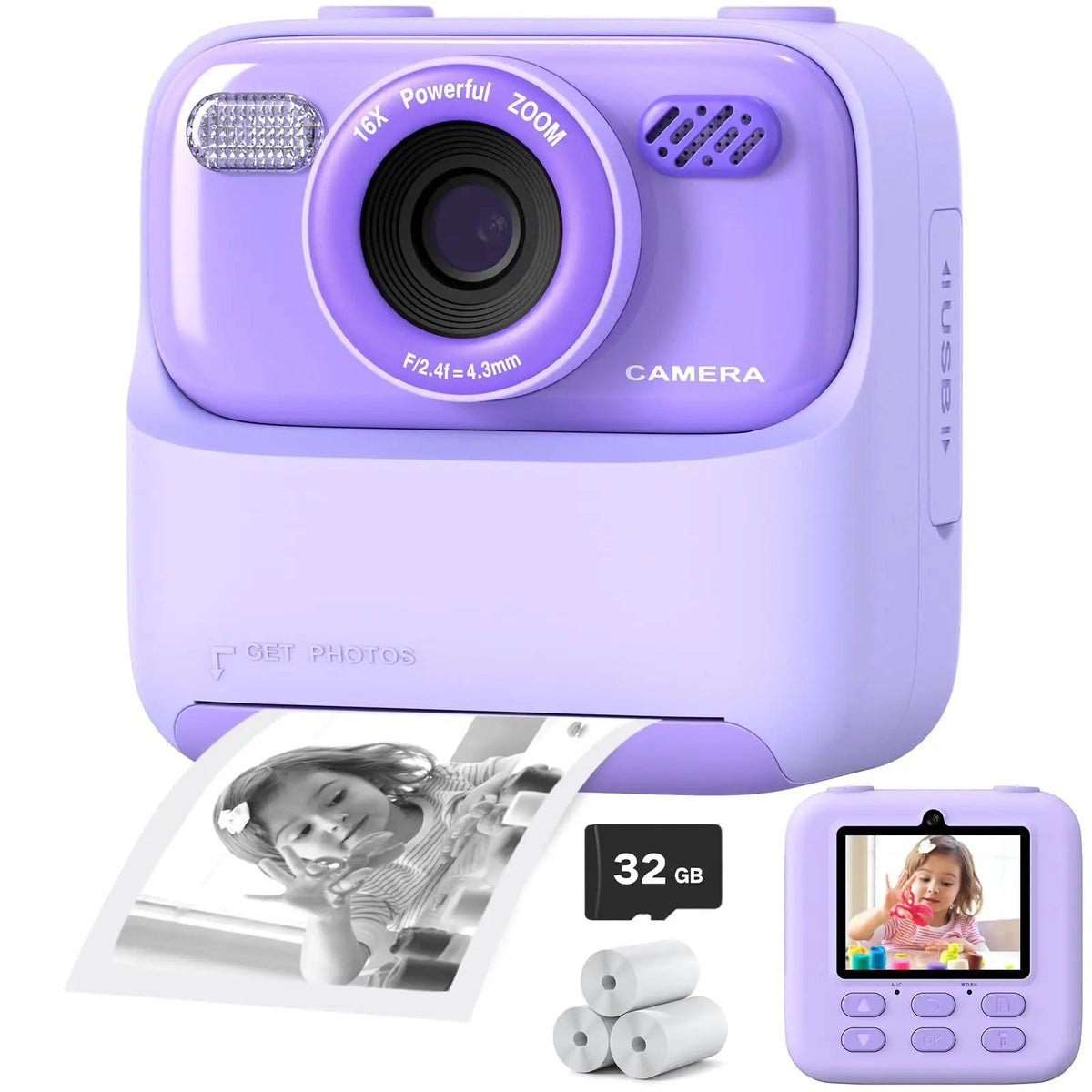 Caméra Instantanée pour Enfants - Selfies HD et Mémoire de 32 Go