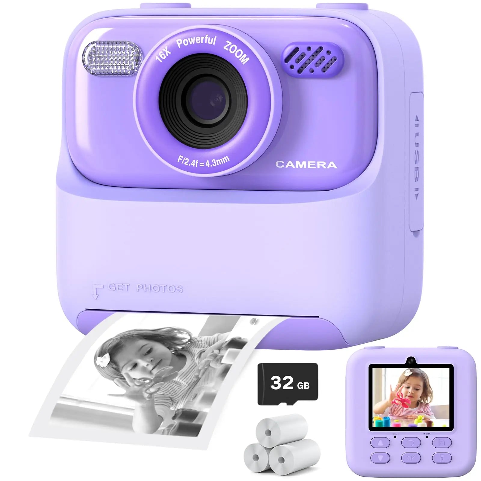 Caméra Instantanée pour Enfants - Selfies HD et Mémoire de 32 Go
