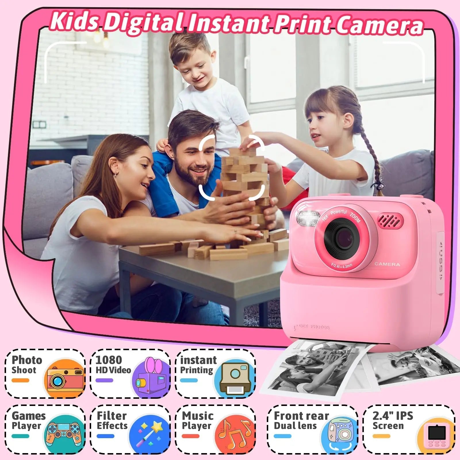 Caméra Instantanée pour Enfants - Selfies HD et Mémoire de 32 Go