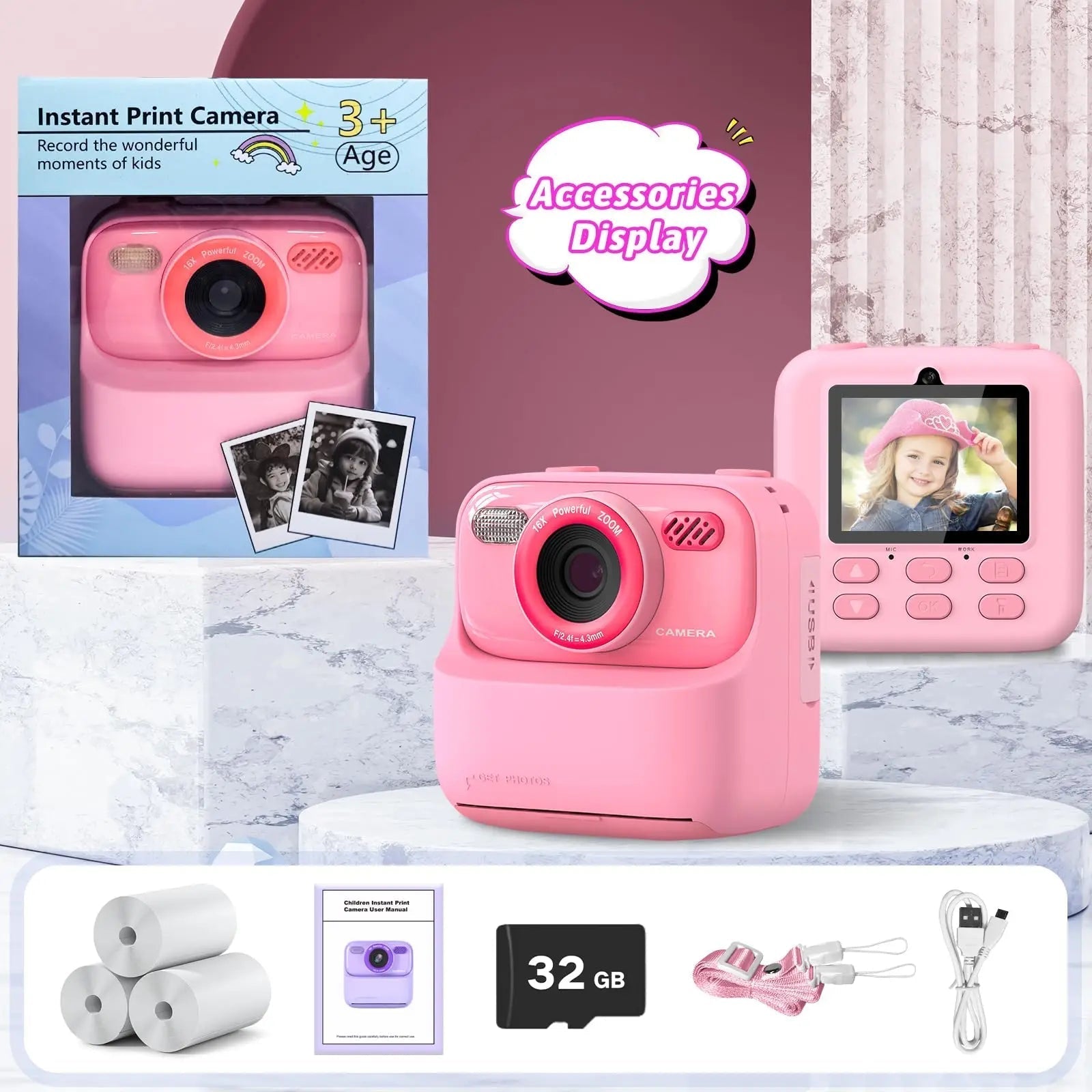 Caméra Instantanée pour Enfants - Selfies HD et Mémoire de 32 Go