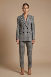 Ensemble tailleur à carreaux femme Sophia blazer croisé pantalon droit élégant
