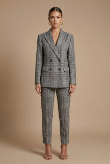 Ensemble tailleur à carreaux femme Sophia blazer croisé pantalon droit élégant
