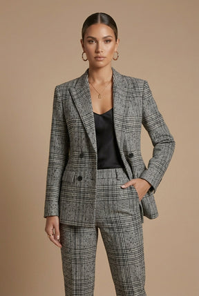 Ensemble tailleur à carreaux femme Sophia blazer croisé pantalon droit élégant