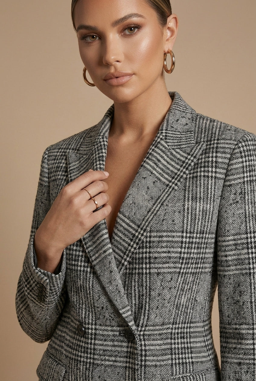 Ensemble tailleur à carreaux femme Sophia blazer croisé pantalon droit élégant